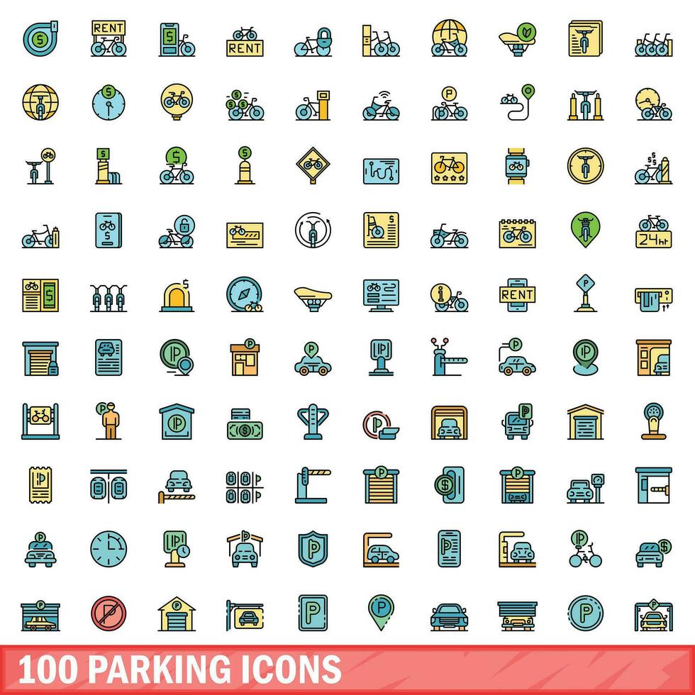 100 parking icons set, color line style vector