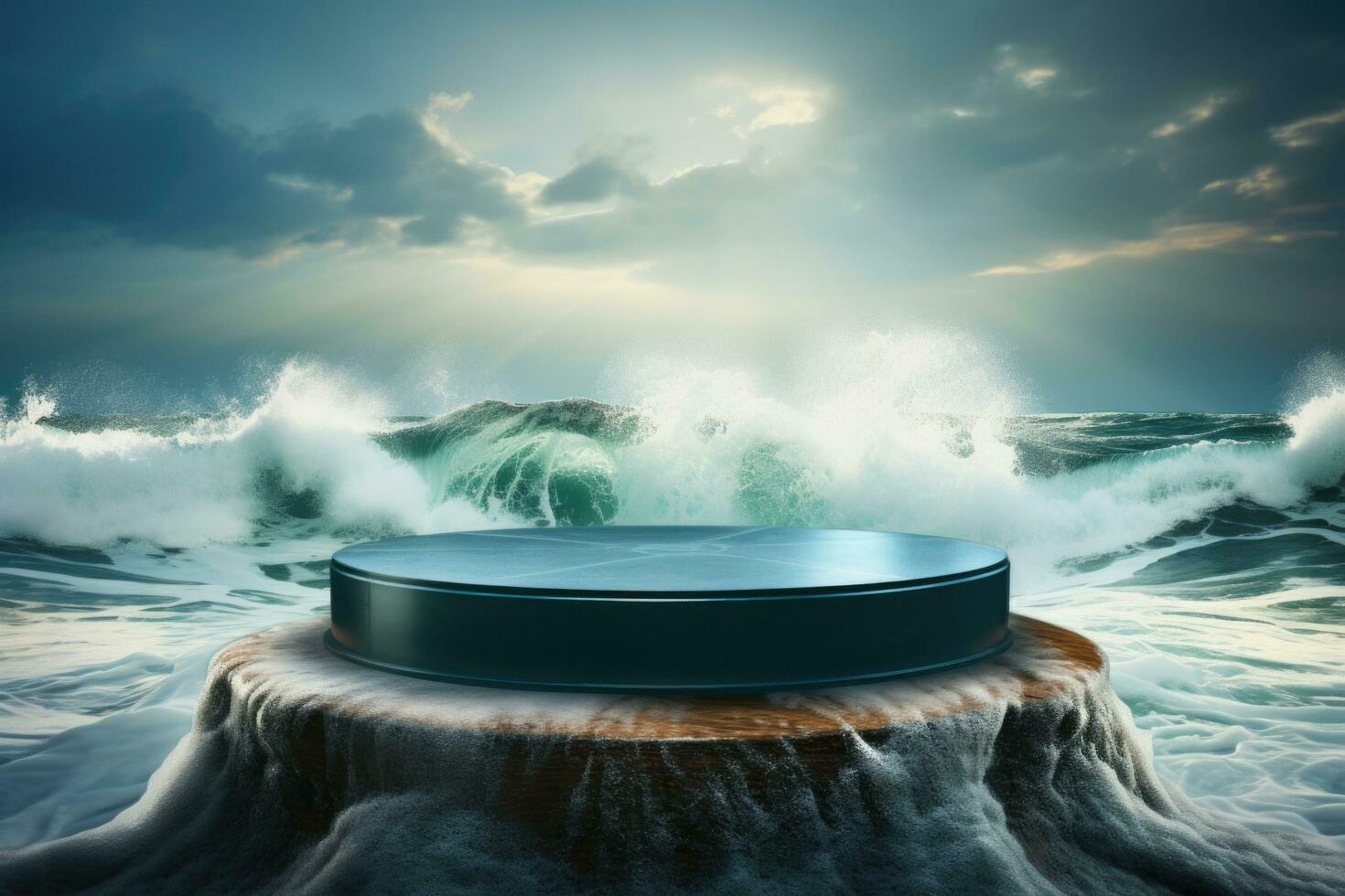 Metal podium on a rock against the backdrop of a storm. 3D podium in the sea. Sea foam photo