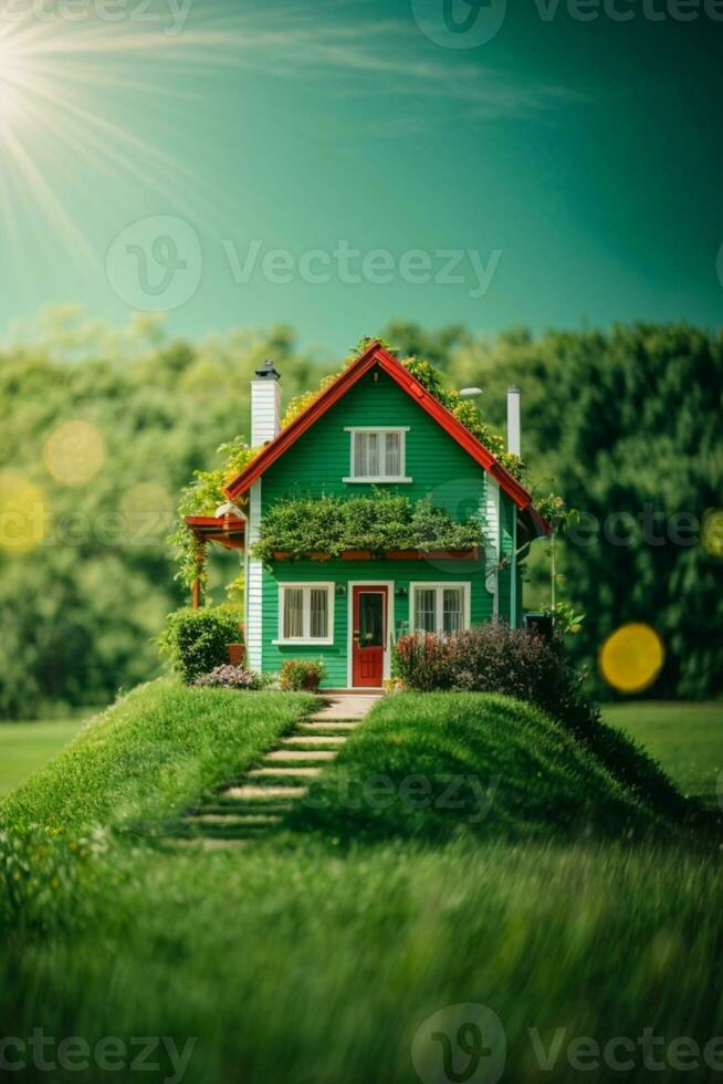 Copy space of home and life concept. Small model home on green grass with sunlight abstract background.. AI generated photo