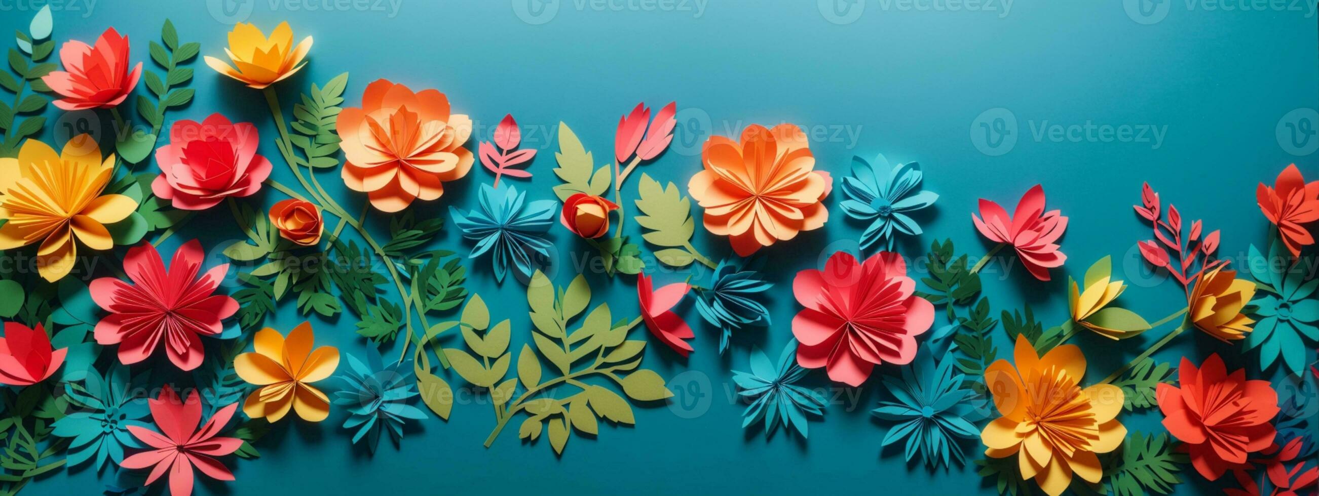 top view of colorful paper cut flowers with green leaves on blue background with copy space. AI generated photo