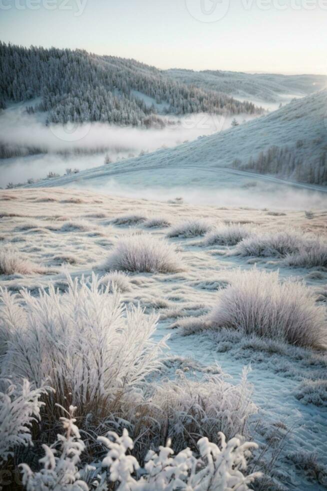 white wood covered with frost frosty landscape. AI generated photo