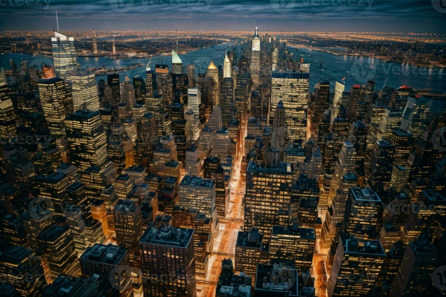 Sunset view of New York City looking over midtown Manhattan. AI generated photo