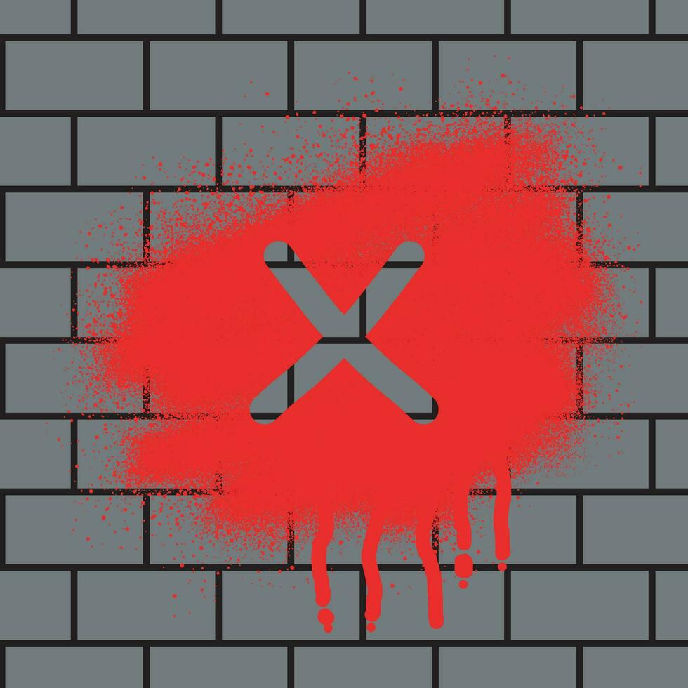 cross mark graffiti with black spray paint on brick wall background vector