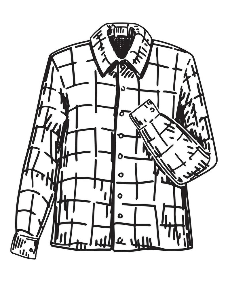 garabatear de a cuadros camisa. contorno dibujo de frío temporada ropa. mano dibujado vector ilustración. soltero clipart aislado en blanco antecedentes.