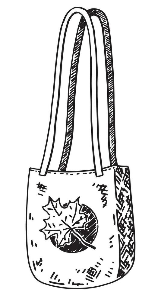 Doodle of tote eco bag with autumn print. Outline drawing of handle bag shopper. Hand drawn vector illustration. Single clipart isolated on white background.