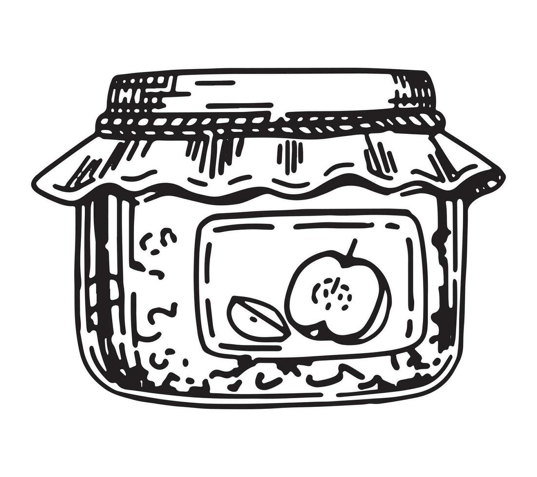 Jar of apple jam sketch. Doodle of sweet homemade autumn season food. Hand drawn vector illustration. Single clip art isolated on white.