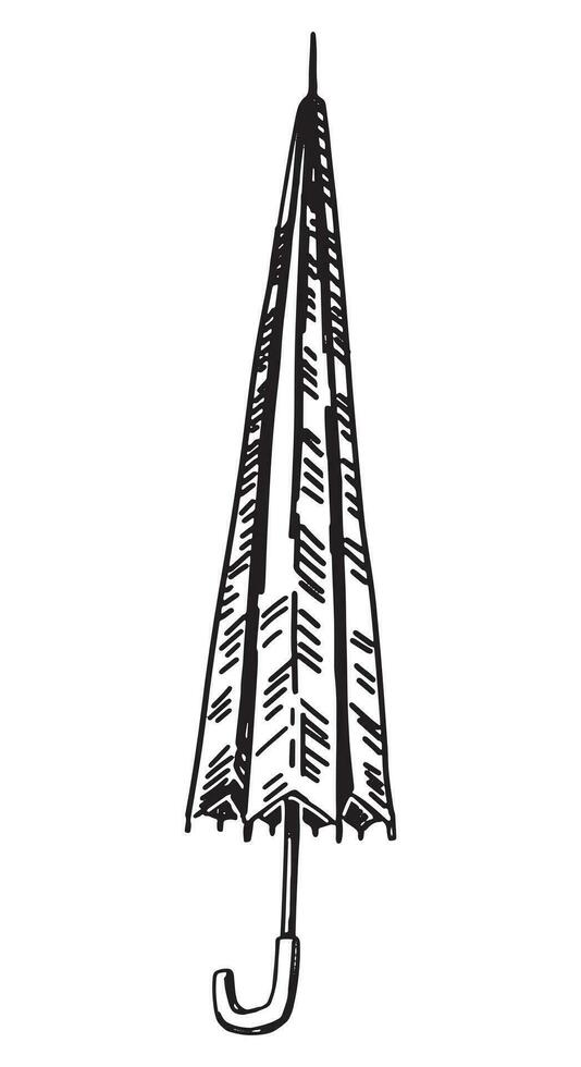 Doodle of folded umbrella. Outline drawing of rainy weather accessory. Hand drawn vector illustration. Single clipart isolated on white background.