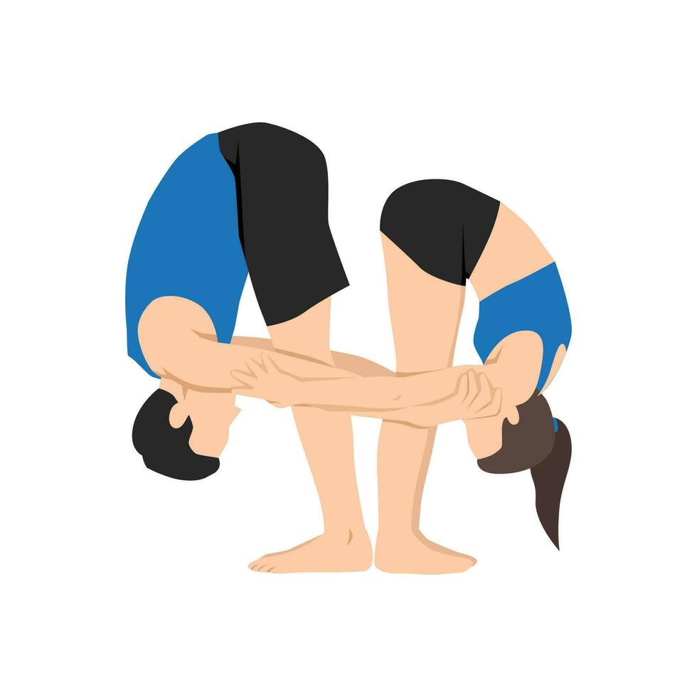 joven Pareja extensión doblar todas el cuerpo. manos a pies yoga pose. muñeca de trapo Pareja yoga pose. vector