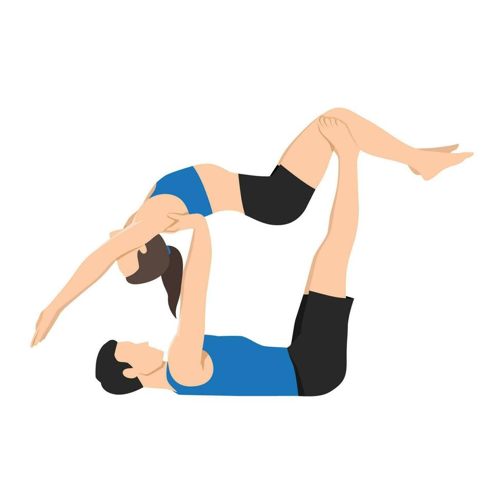 joven Pareja haciendo yogui practicando alto volador ballena acro yoga pose. joven hombre equilibrio un mujer en su pies. vector