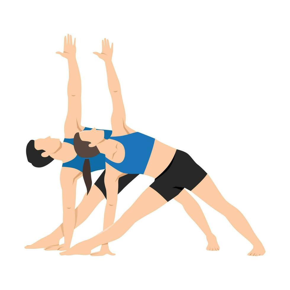 joven Pareja extensión doblar a uno lado. Pareja haciendo extensión ejercicio, extendido triángulo pose, utthita trikonasana vector