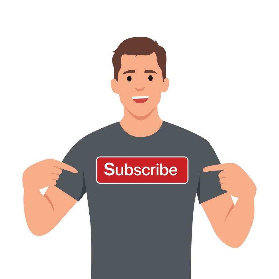 Subscriber concept illustration, man holds a subscribe button with a call to click. vector