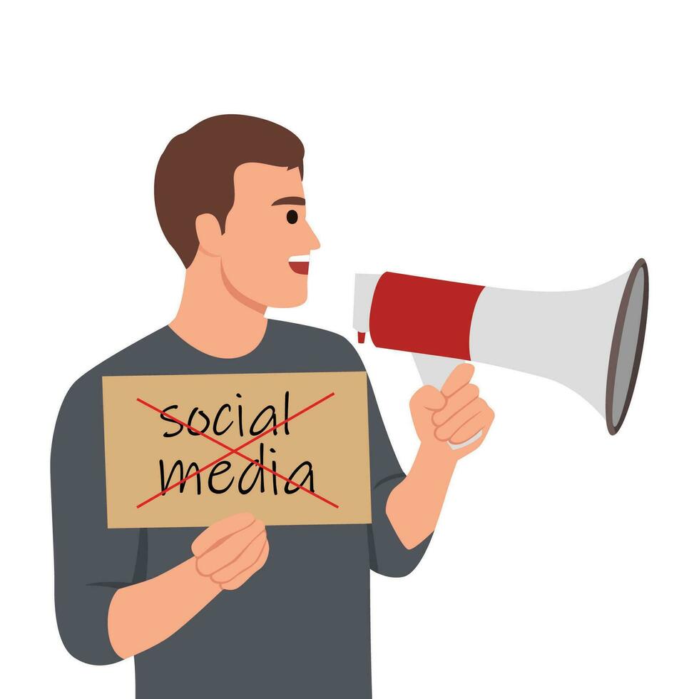 Male character shouting in loudspeaker. Man holding megaphone and say or shout speech and holding no social media sign campaign. vector