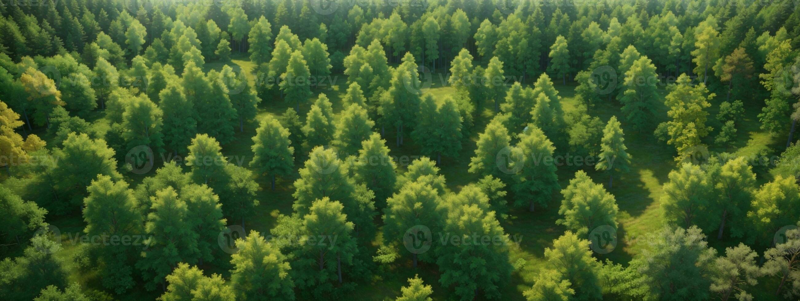 Aerial top view of summer green trees in forest in rural Finland.. AI generated photo