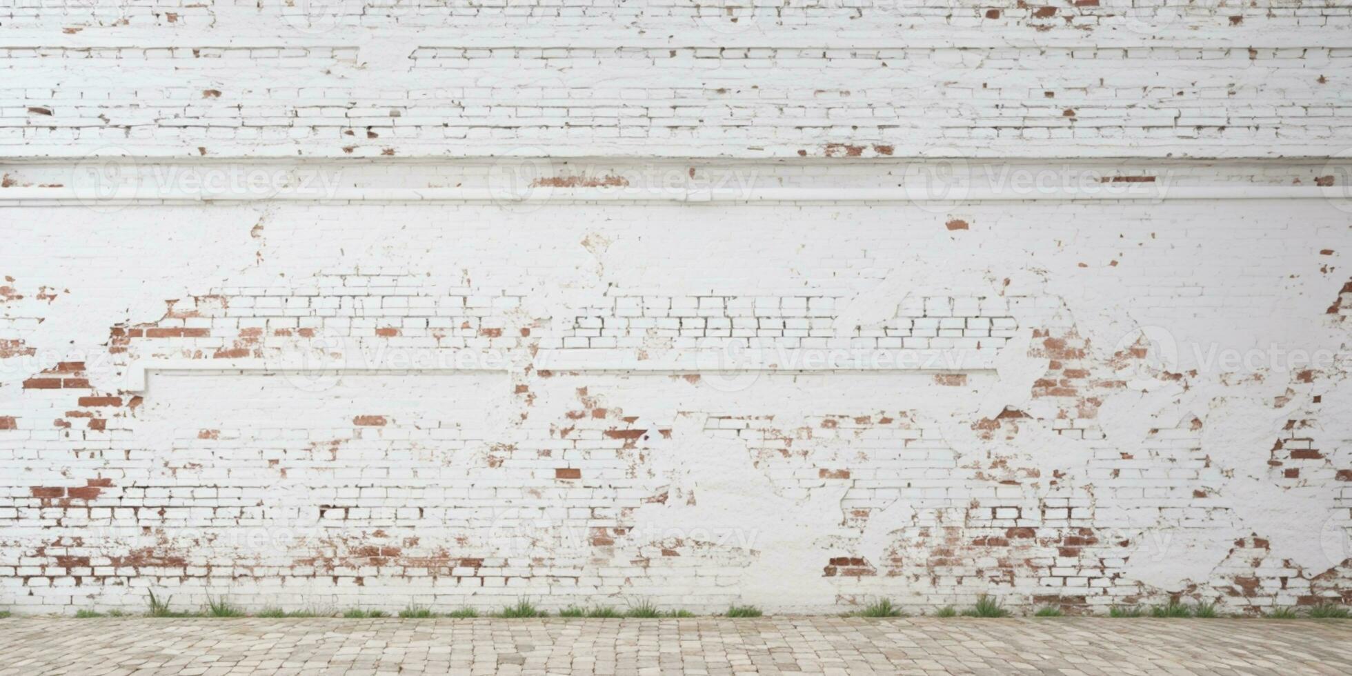 White painted old brick Wall panoramic background. AI generated photo
