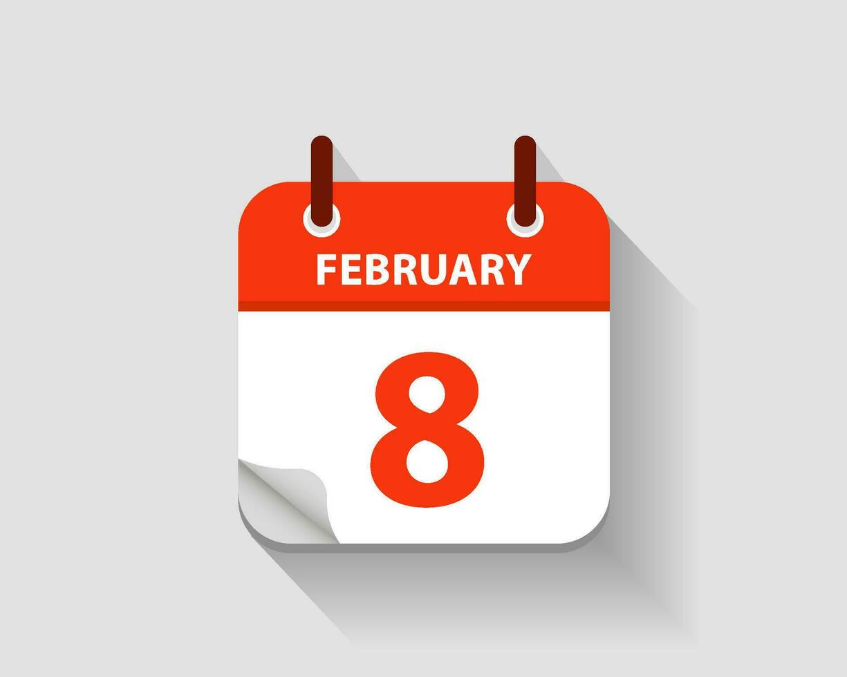 February 8. Vector flat daily calendar icon. Date and time, day, month. Year. Vector illustration