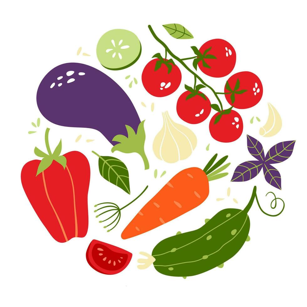 composición en el formar de un circulo de estacional vegetales. lata ser usado para menú, embalaje, textiles. vector ilustración aislado en blanco antecedentes.