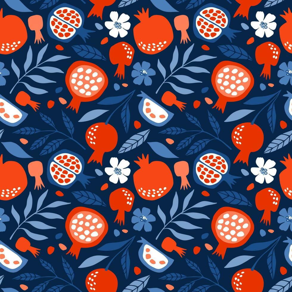 Seamless vector pattern with bright pomegranates on a blue background. For wallpaper, paper, textile, scrapbooking. Digital illustration.