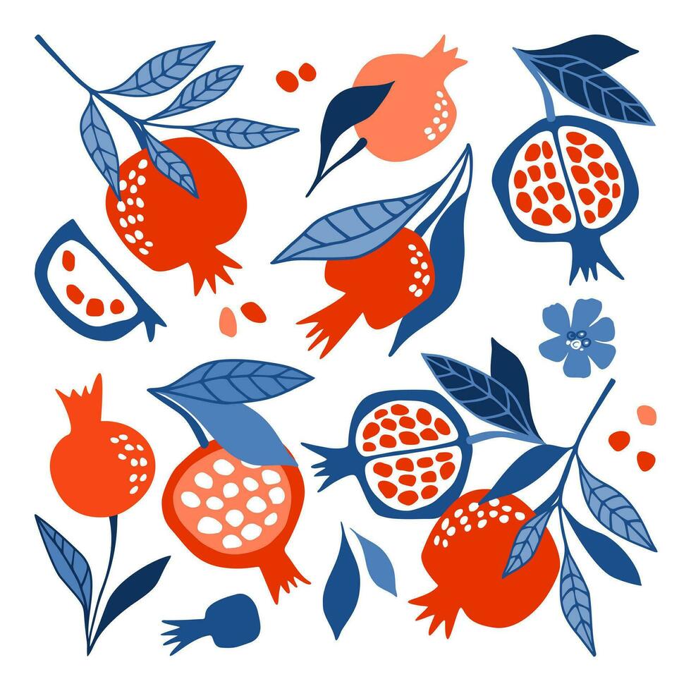 Fruit vector set of bright pomegranates. For paper, textiles, stickers, cards. Digital illustration.