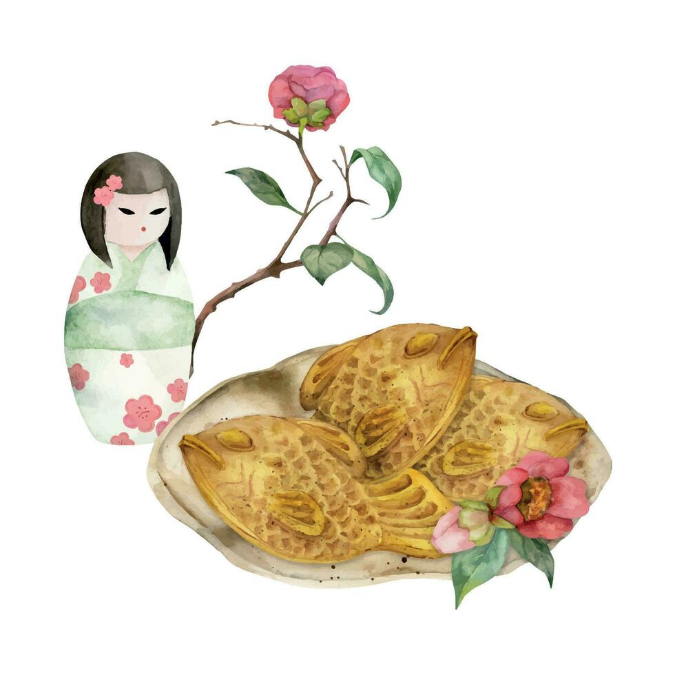 acuarela mano dibujado tradicional japonés dulces cerámico plato, taiyaki camelia kokeshi muñeca. aislado en blanco antecedentes. diseño para invitaciones, restaurante menú, saludo tarjetas, imprimir, textil vector