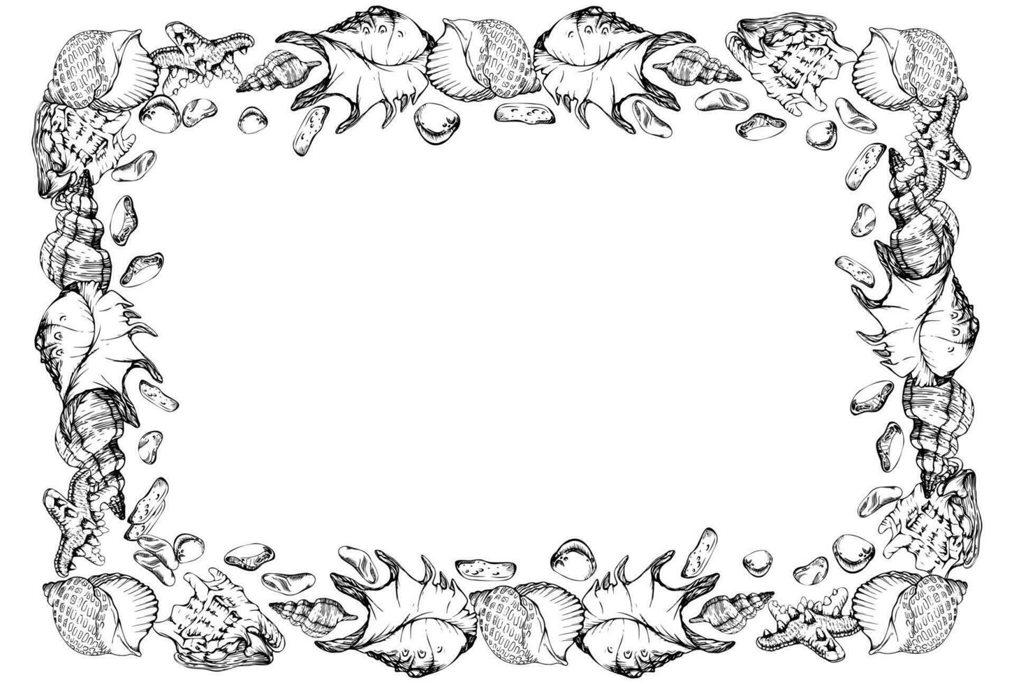 Hand drawn vector ink spiral pearl, brown and gold sea shells and starfish. Square border frame. Isolated on white background. Wall art, wedding, print, fabric, cover, card, tourism, travel booklet.