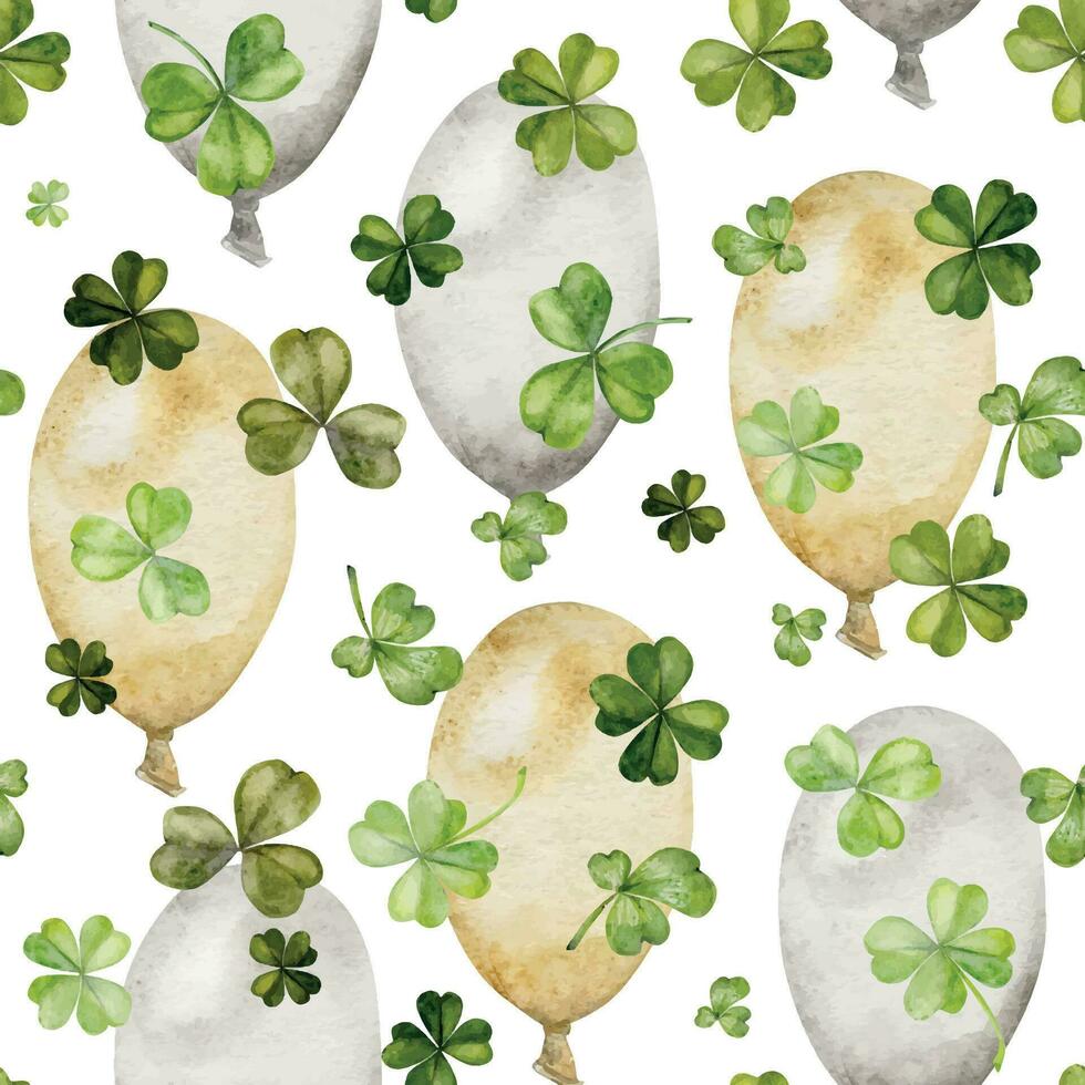 Watercolor hand drawn illustration, Saint Patrick holiday. Green lucky clover shamrock balloons. Ireland tradition. Seamless pattern Isolated on white background. Invitations, print, website, cards. vector