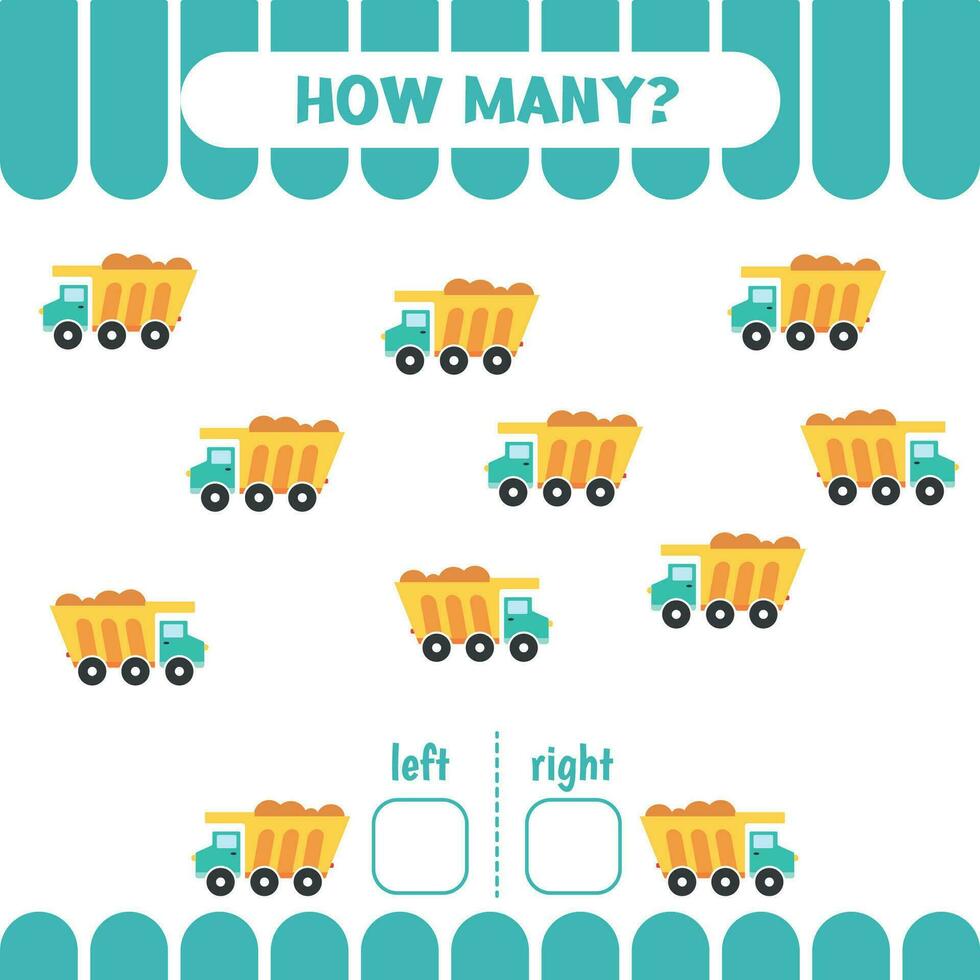 Worksheet for kids to learn left and right. Count game. How many dump cars go to the left and to the right. Counting game for kids vector