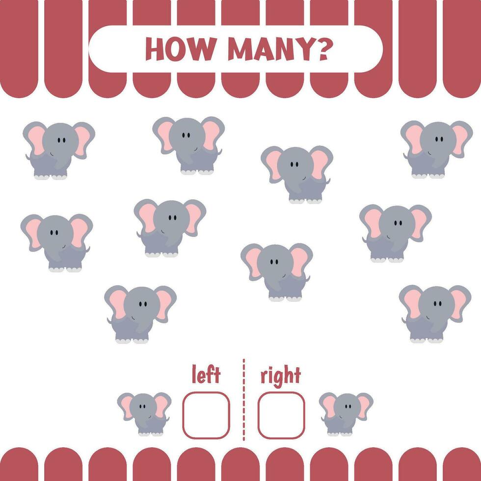 Educational game for preschool kids. Learn left and right. How many elephants go ro the left and to the right vector