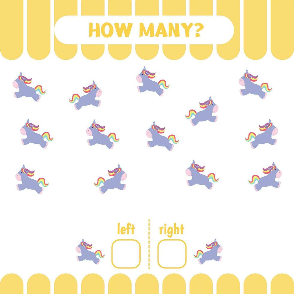 Left or right game for preschool kids. How many unicorns go to the left and to the right.Educational page for children.  Counting game for kids. vector