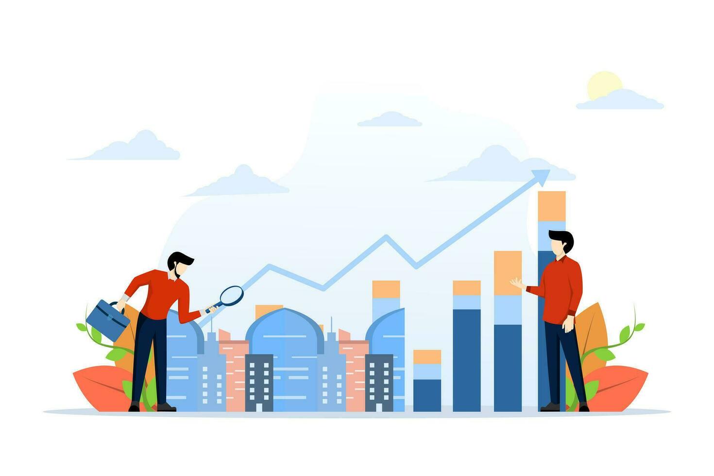 Business real estate investment concept with group investors meeting. business real estate investment. investor group meetings, rising real estate market, home presentations. vector illustration.