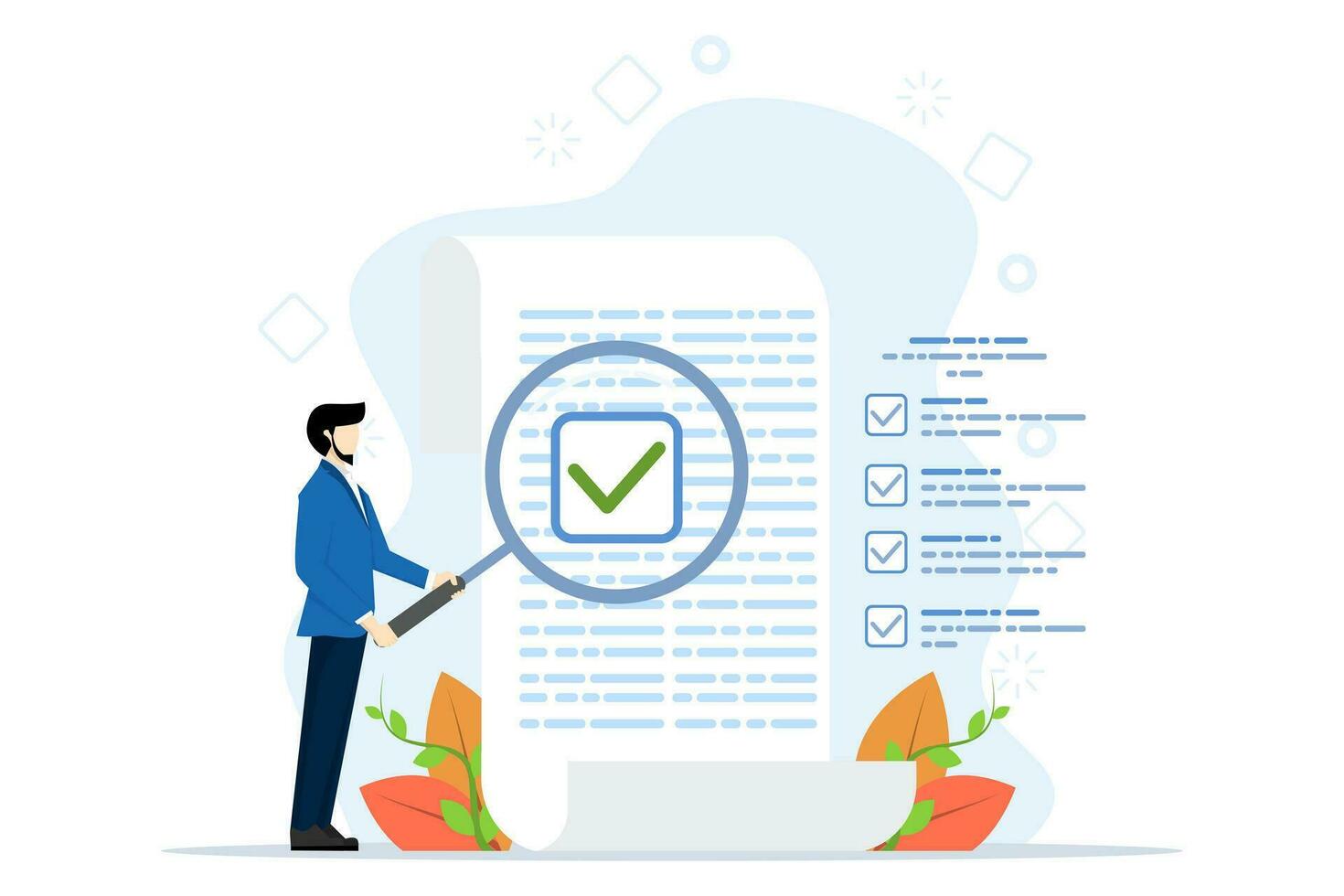 concept of inspection or document review, legal or audit report, quality assurance, document search, investigation, proof or inspection, businessman with magnifying glass examining documents. vector