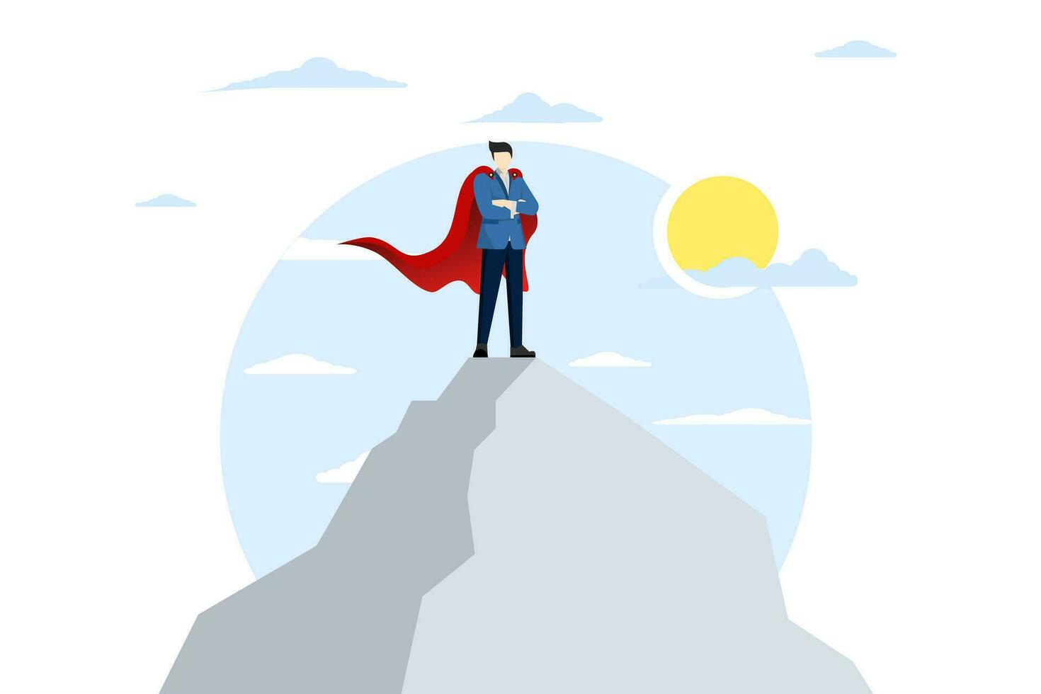 Success concept. Motivation or aspirations to achieve goals. Ambition for success, victory or career, challenge or goal. Successful businessman superhero takes pride in being on top of the mountain. vector