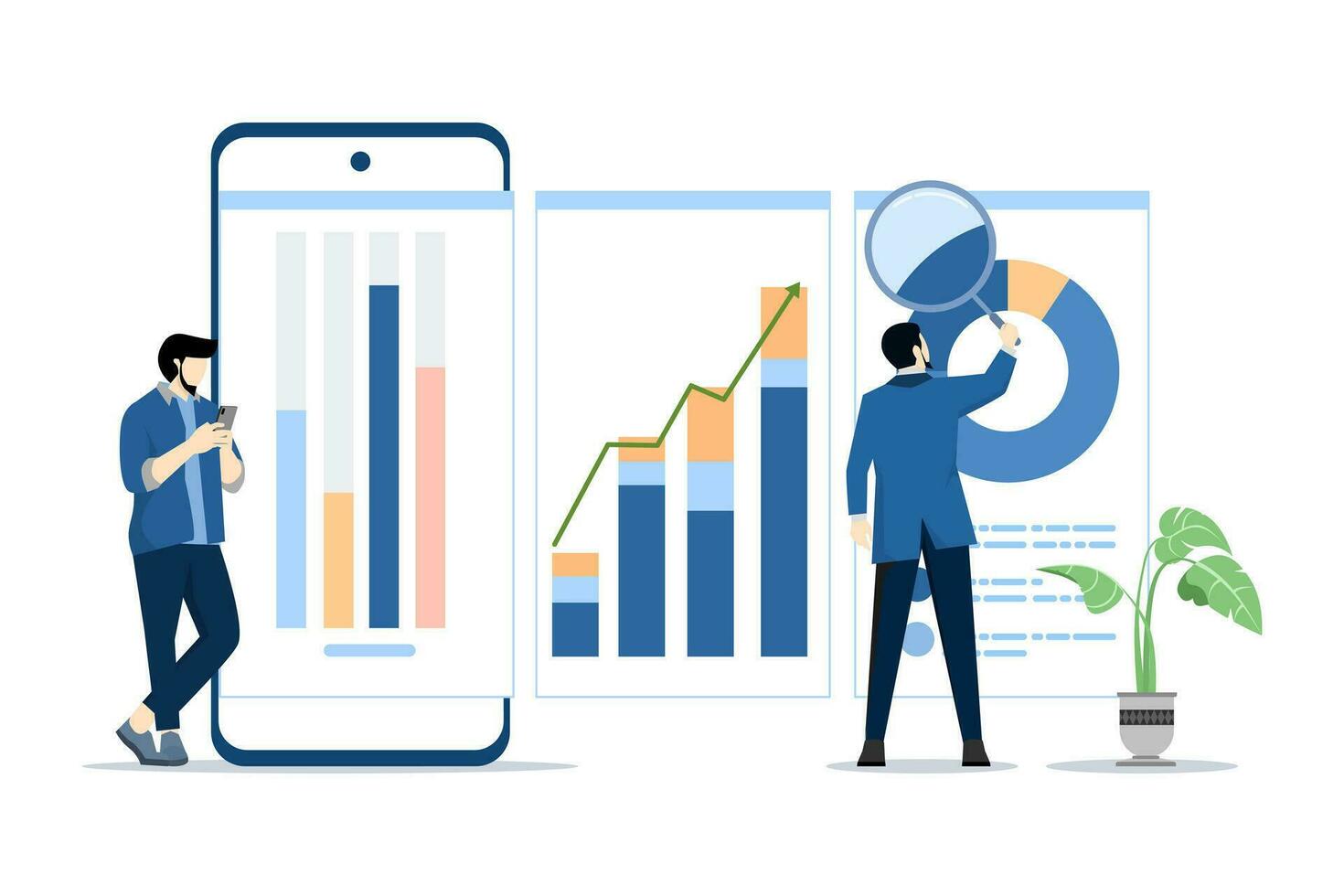 concepto de análisis y supervisión de inversión y financiero reporte gráficos en monitor. personas analizar crecimiento gráficos, negocio personas analizar y monitor inversiones y financiero informes. vector