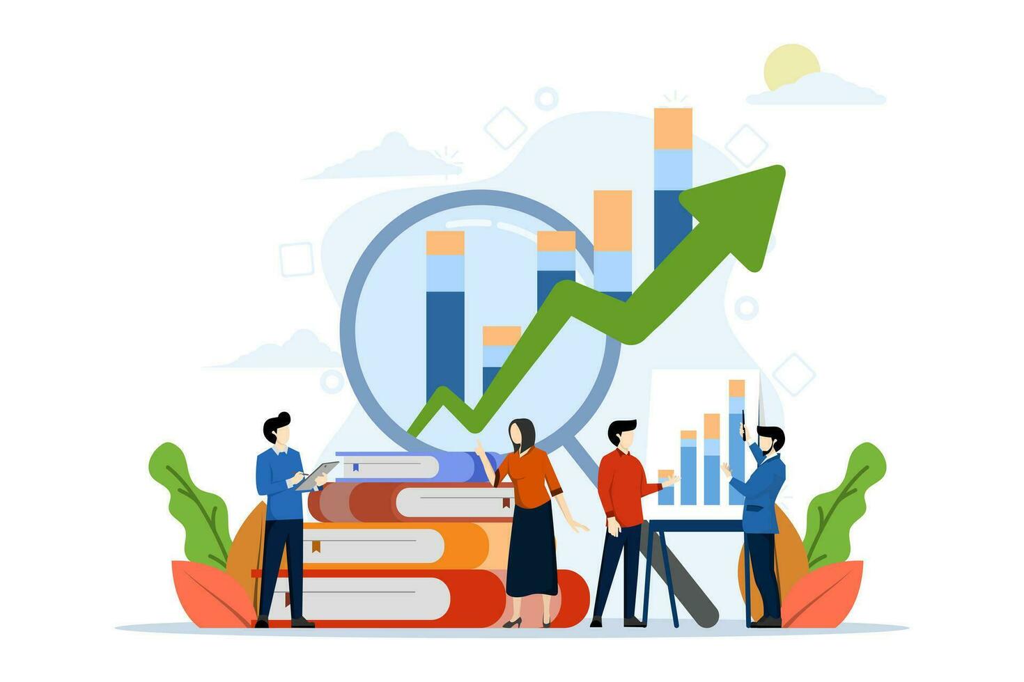 business vector illustration, office worker is studying infographics, evolution scale vector analysis. business infographics. business team doing business graph analysis. flat vector illustration.