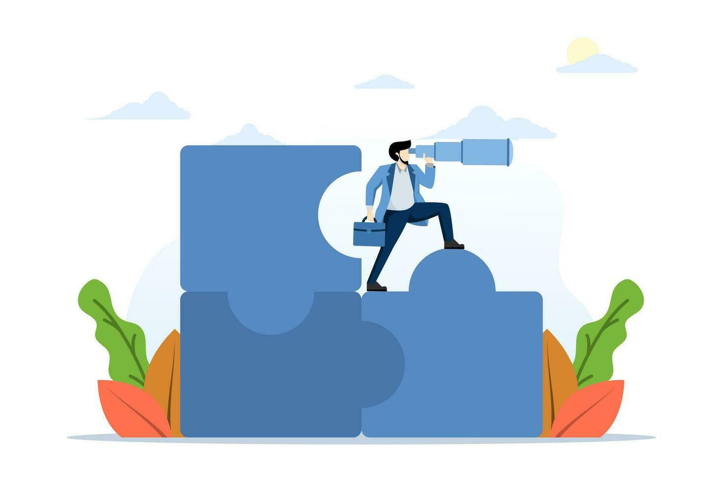 concept of finding a solution or looking for the last missing piece to complete or complete a job, leadership mission, businessman standing on an incomplete puzzle looking for the missing piece. vector