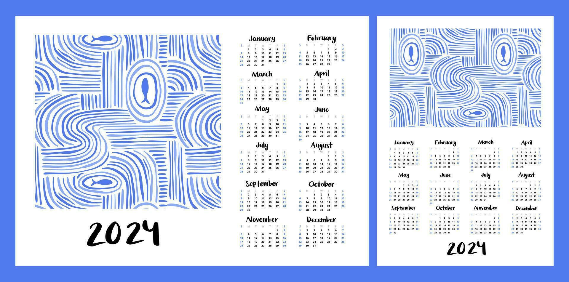 Calendar layout for 2024. Abstract marine illustration with waves and fish. Vertical and horizontal layouts for A4, A5 printing vector