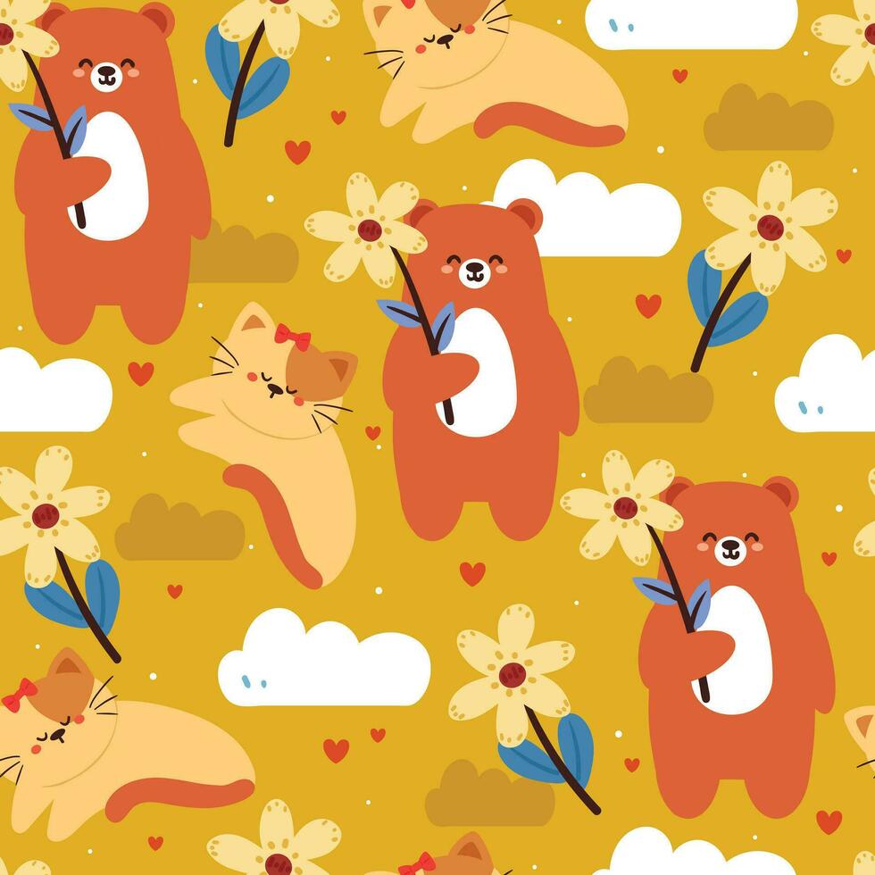 sin costura modelo dibujos animados gato y oso participación un flor, y cielo elemento. linda animal fondo de pantalla para textil, regalo envolver papel vector