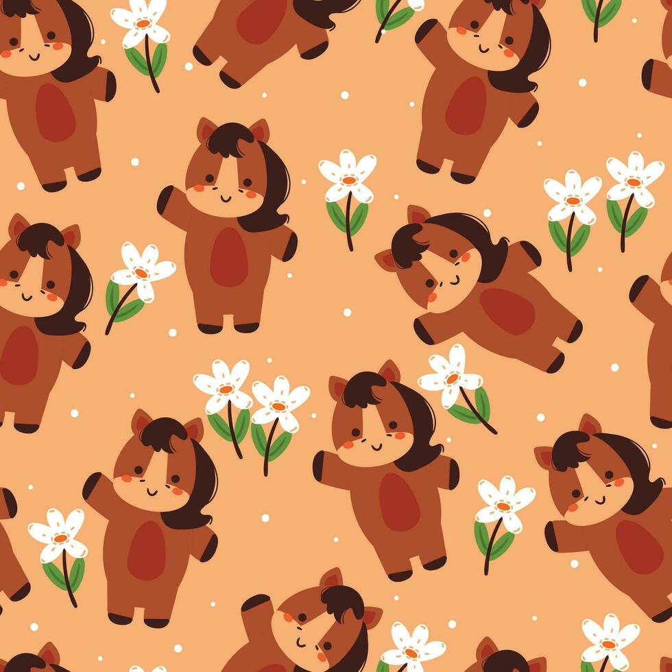 sin costura modelo dibujos animados caballo, planta y flor. linda animal fondo de pantalla para textil regalo envolver papel vector