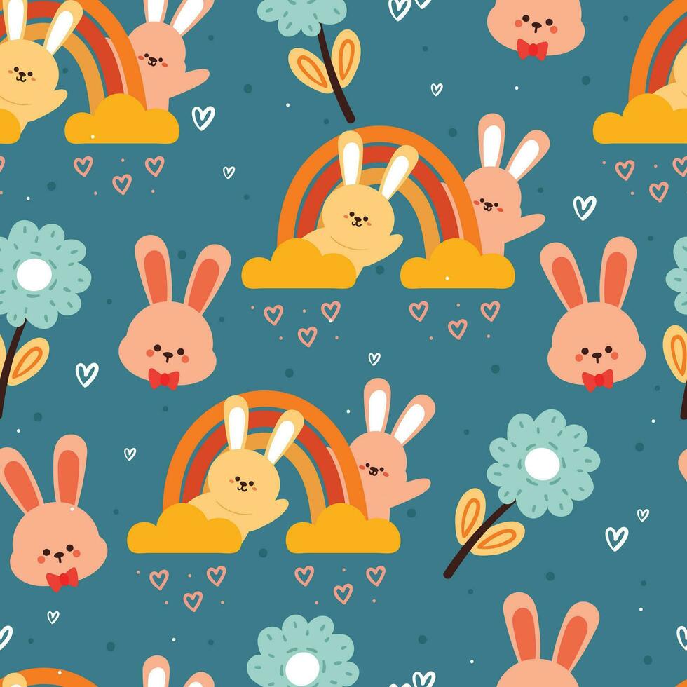 seamless pattern cartoon bunny, flower and sky element. cute animal wallpaper for textile, gift wrap paper vector