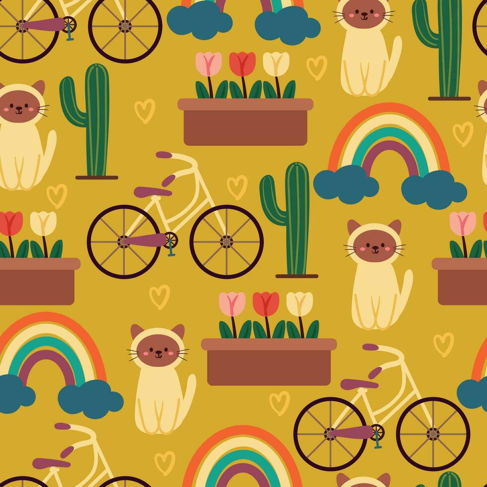 sin costura modelo dibujos animados gato, bicicleta, arco iris y planta. linda animal fondo de pantalla vector