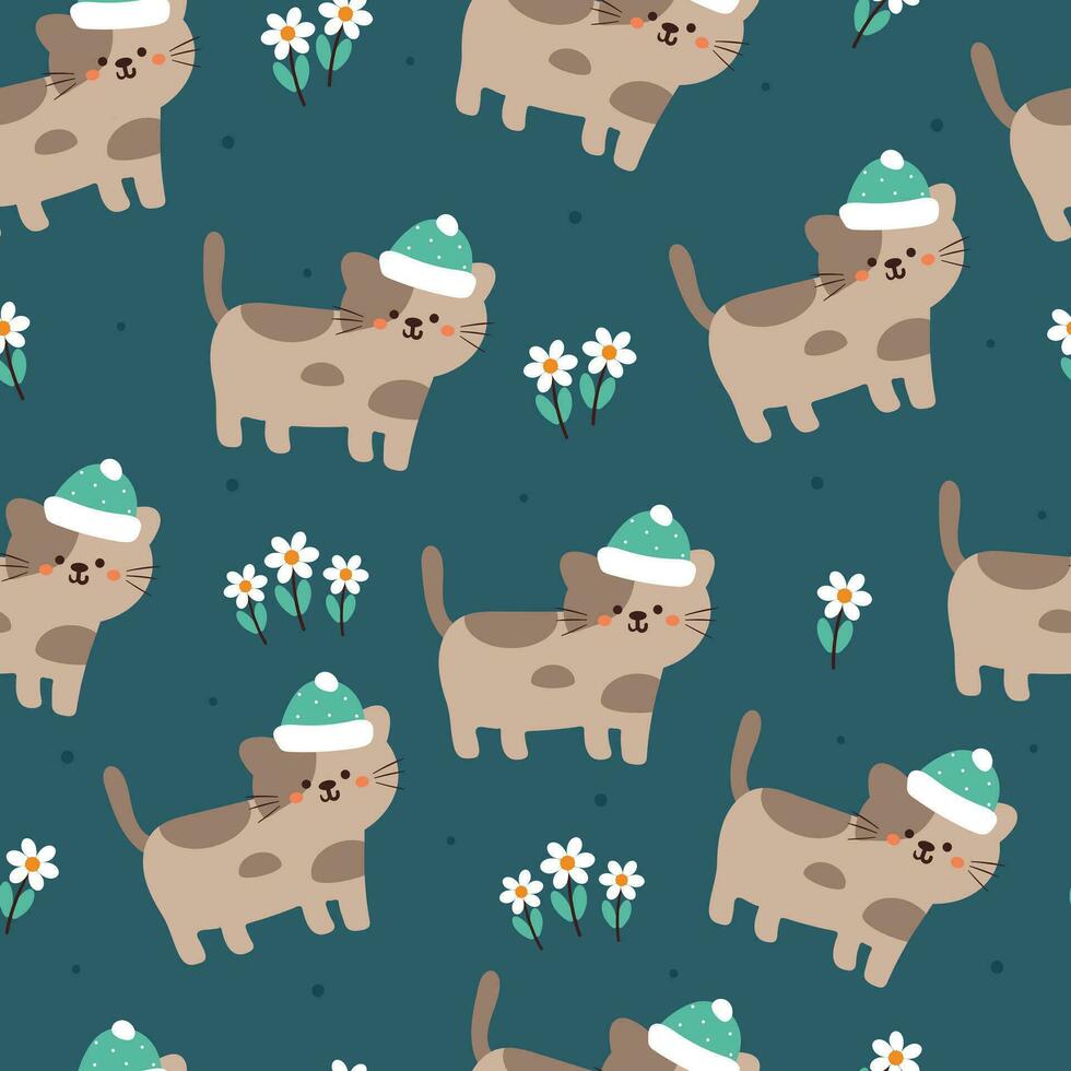 seamless pattern cartoon cat, flower, leaves and autumn vibes element. cute autumn wallpaper for holiday. design for fabric, flat design, gift wrap paper vector
