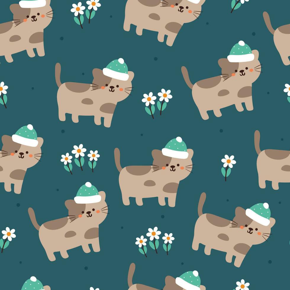 sin costura modelo dibujos animados gato, flor, hojas y otoño vibraciones elemento. linda otoño fondo de pantalla para día festivo. diseño para tela, plano diseño, regalo envolver papel vector