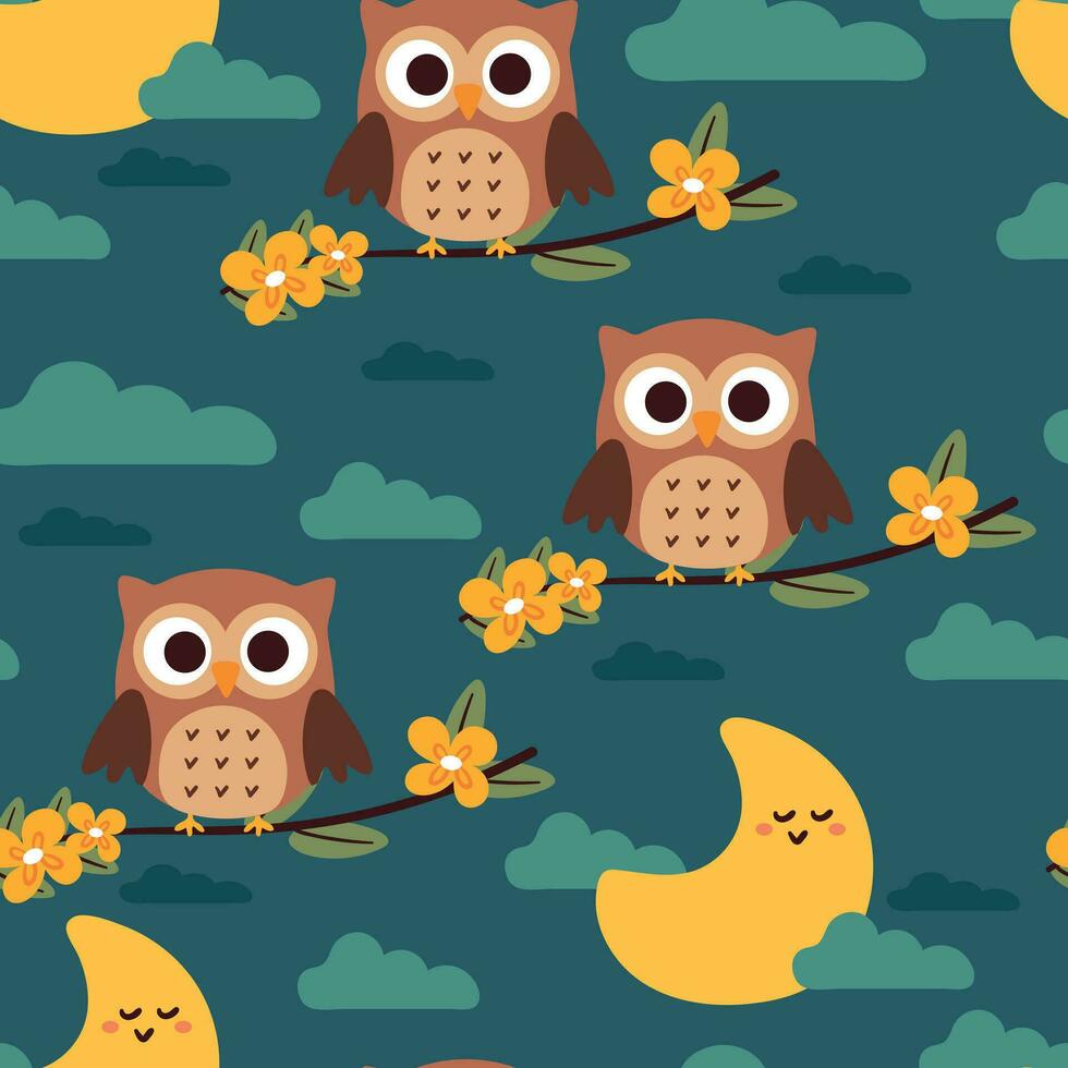 seamless pattern cartoon owl and moon in the night sky. cute wallpaper vector