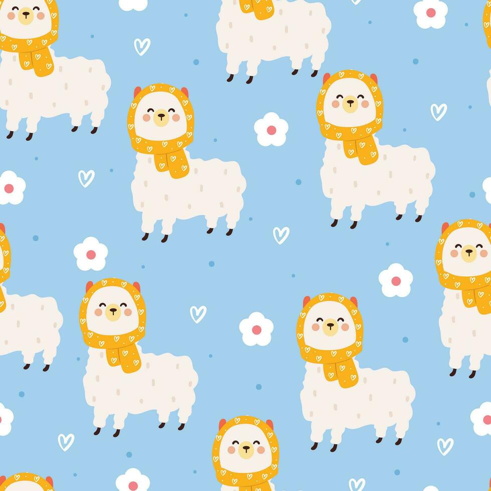 seamless pattern cartoon llama and flower. cute animal wallpaper for textile, gift wrap paper vector