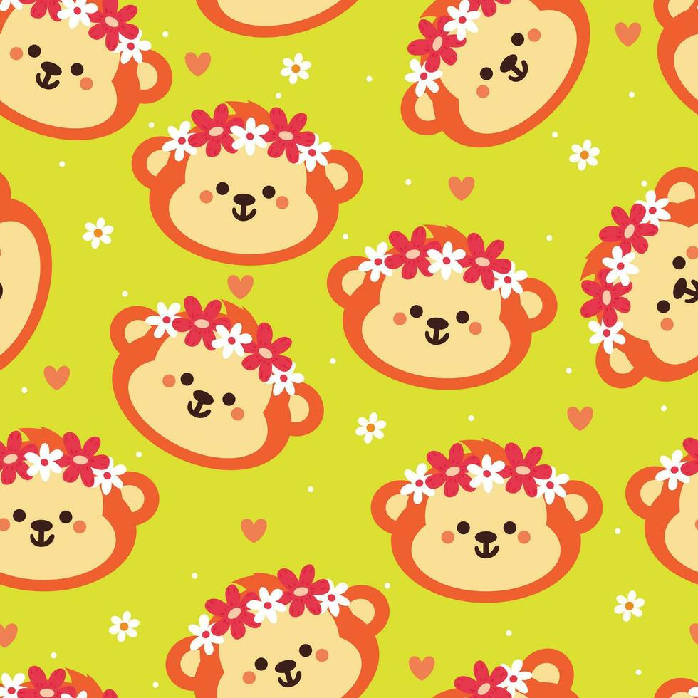 seamless pattern cartoon monkey, wearing flower crown. cute animal wallpaper illustration for gift wrap paper vector