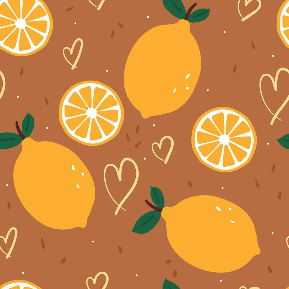 seamless pattern hand drawing cartoon lemon. cute wallpaper in brown background for textile, fabric print vector