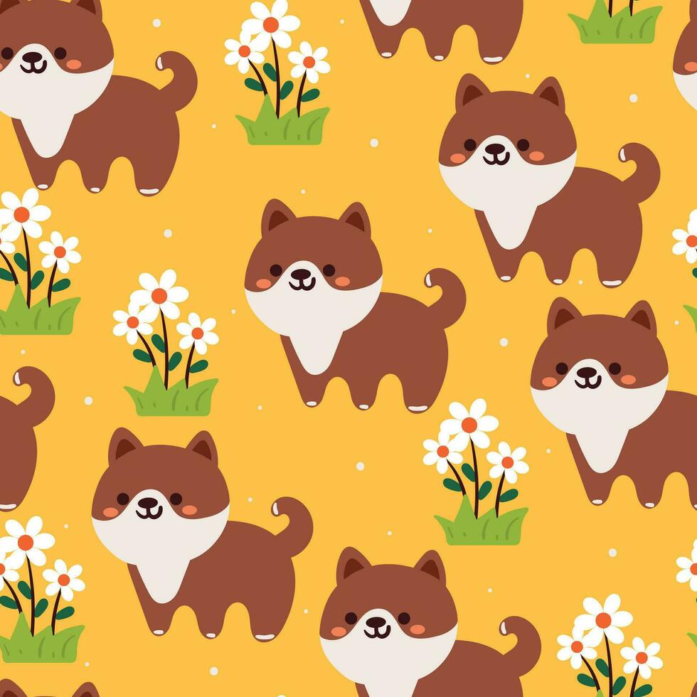 flor y cachorro de dibujos animados de patrones sin fisuras. lindo papel tapiz de animales para papel de regalo vector