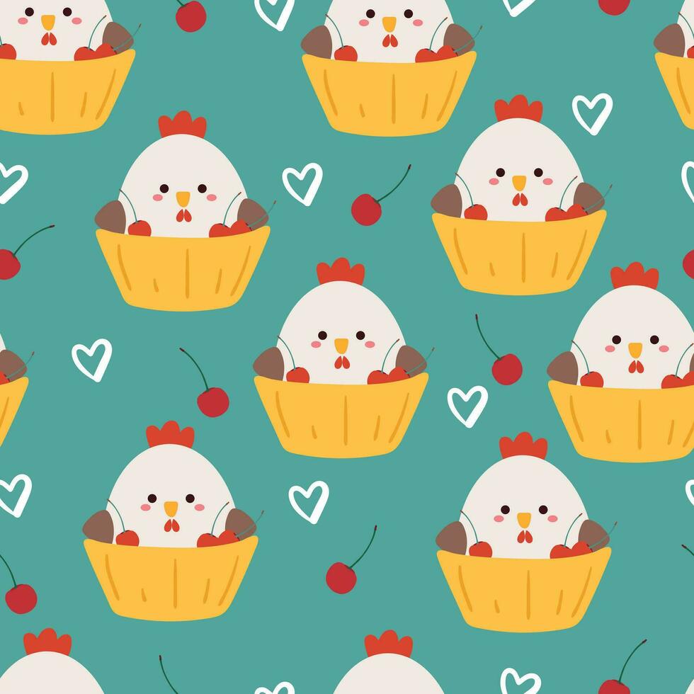 seamless pattern cartoon chicken and cherry. cute animal wallpaper for textile, gift wrap paper vector