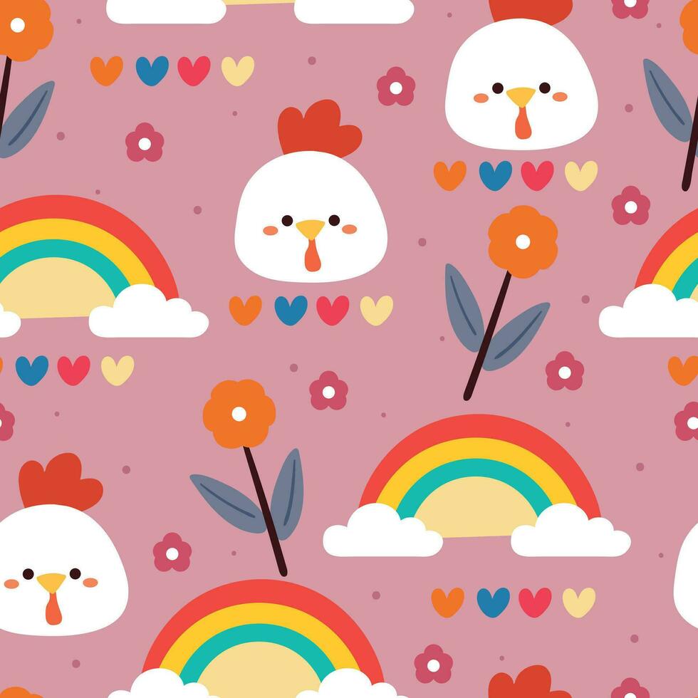 seamless pattern cartoon chicken, rainbow and flowers. cute animal wallpaper for textile, gift wrap paper vector