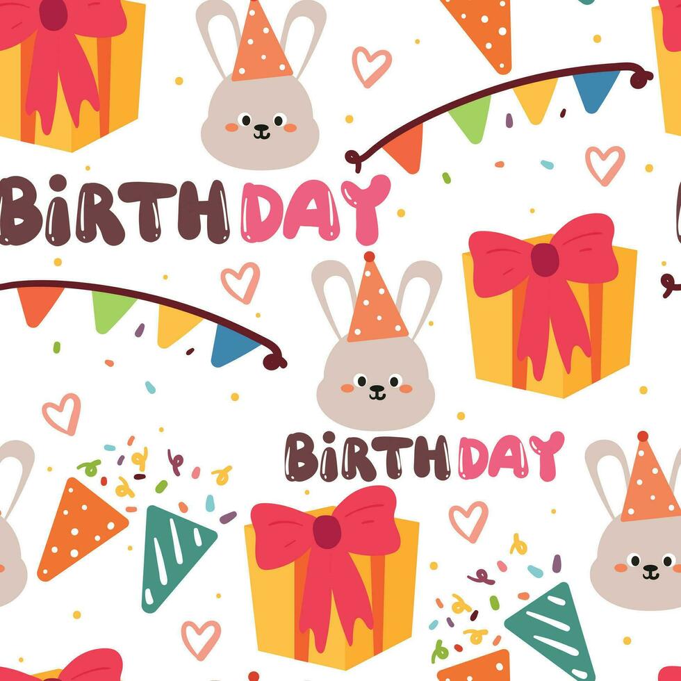 sin costura modelo dibujos animados cumpleaños fiesta con pastel y regalo. linda cumpleaños fondo de pantalla vector
