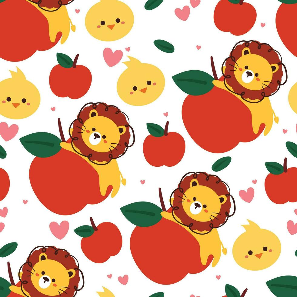 sin costura modelo dibujos animados león con manzana y polluelo. linda animal fondo de pantalla para textil, regalo envolver papel vector